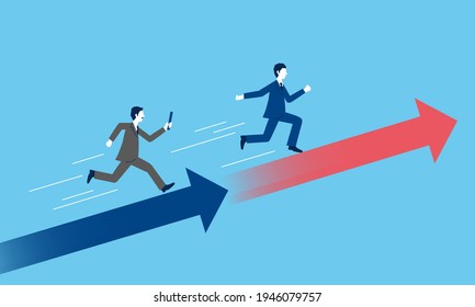 Business succession image,businessperson pass the baton,with arrow,blue background