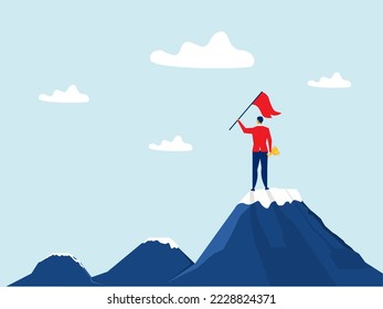 Business success,man standing on top of mountain with flag and moving to final destination point,leadership,people reach goal concept vector illustration 