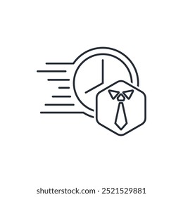 Traje de negocios y manecillas de reloj con movimiento. Zona horaria. Horas de trabajo. Icono lineal de Vector aislado sobre fondo blanco.
