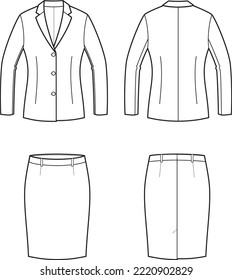 Der klassische Anzug von Frauen. Jacket und Rock. Vorn und hinten. Vektorgrafik.