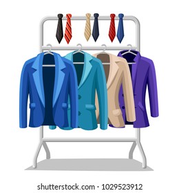 Business suit mens jacket four jackets of different colors and types blue green violet beige ties of different colors on a hanger vector illustration on white background.