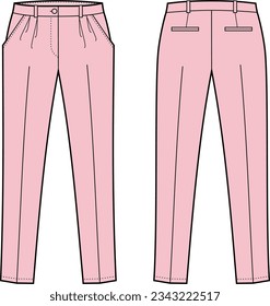 Business suit pants flat sketch. Office trousers apparel design. Front back. Women CAD mockup. Fashion technical drawing template. Vector illustration.