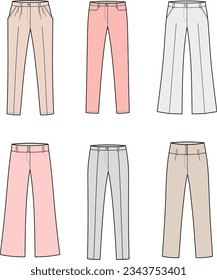 Business suit pants flat sketch. Office classic trousers apparel design. Women CAD mockup. Fashion technical drawing template. Vector illustration.