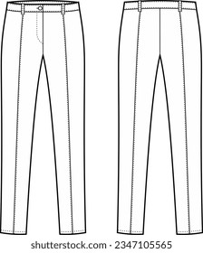 Business suit pants flat sketch. Office trousers apparel design. Front and back. Women CAD mockup. Fashion technical drawing template. Vector illustration.