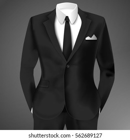 Business suit template with black tie and white shirt in realistic style isolated vector illustration