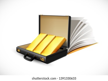 Business suitcase full of gold bar - briefcase concept - knowledge as the way to fortune