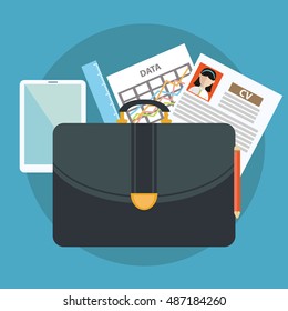 Business suitcase with paperwork portfolio concept. Vector illustration
