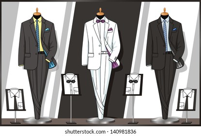 Business suits on dummies stand in a shop show-window