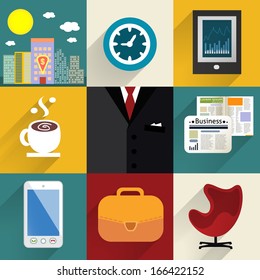 Business suits. Set of generic icons of mobile coffee bank clock case with shadows vector illustration