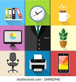 Business suits web design elements with laptop mobile phone printer clock and paper folders vector illustration