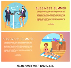 Business summer page collection, people with laptops sitting and chatting, woman working at beach seaside and sailboat isolated on vector illustration