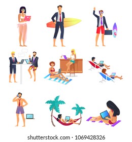Business summer, people set, businessmens communication and discussion woman in hammock with laptop, surfing and relax isolated on vector illustration