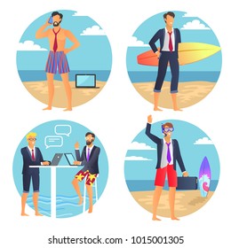 Business summer poster, businessman with suitcase, people chatting near laptop, man talking on phone, seaside and sand isolated on vector illustration