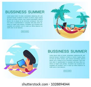 Business summer set of pages with given text sample and titles, woman sitting with laptop, lady in hammock, palms and seaside view vector illustration