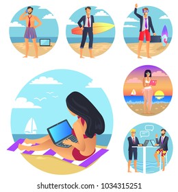 Business summer set, poster with people and laptops at seaside, man with surfing board, businessman chatting vector illustration isolated on white