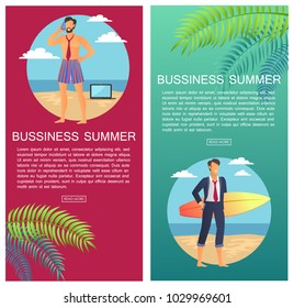 Business summer, web pages set, businessman with phone and laptop, worker with surfboard by seaside, text sample and buttons, vector illustration