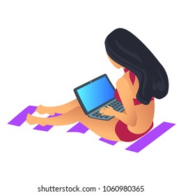 Business summer, woman wearing swimming suit and sitting on mat, doing tasks at laptop, freelancer at work, vector illustration isolated on white