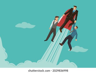 Business superhero flying and helping his team members through the cloud. Business concept leadership and teamwork. Flat vector illustration.