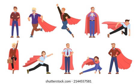 Business superhero. Heroes in office suits, businessman wear red super cape. Leader characters, isolated cartoon person fly to goal decent vector set