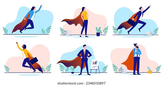 Business superhero people collection - Set of vector illustrations with businesspeople in cape heading for success and triumph. Flat design with white background