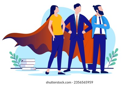 Business superhero team - Businesspeople with cape standing together showing strength and determination. Flat design vector illustration