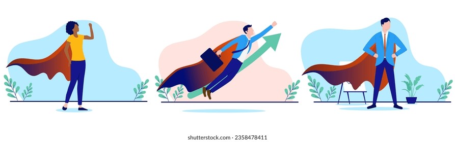 Business Superheld-Vektorgrafik - Sammlung von Illustrationen mit verschiedenen Menschen, Geschäftsfrau und Geschäftsmann mit Umhang zeigt Stärke und Entschlossenheit. Flachdesign auf weißem Hintergrund
