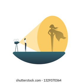 Business superhero vector concept with businesswoman projecting superhero shadow on wall. Symbol of motivation, ambition, emancipation, feminism, confidence, power and success.