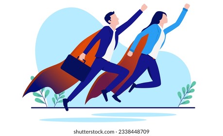 Business superheroes flying - Two businesspeople, man and woman in superhero outfit heading fro success. Flat design vector illustration with white background