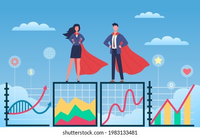 Superhéroes de negocios. Hombre y mujer en capas flotantes y trajes de pie sobre el gráfico de crecimiento, profesionales se agrupan, gente trabaja en equipo. Concepto de éxito y progreso. Infografía vectorial