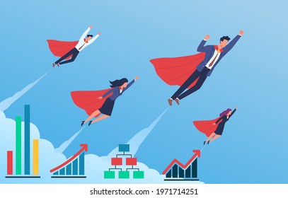 Business superheroes progress. Flying in blue sky men and women in flowing capes and suits, growth graphs on background, Successful teamwork. Vector cartoon concept