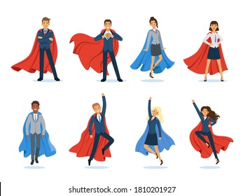 Business Superheroes. Successful Managers And Bosses Male And Female Professional Vector Characters In Superhero Cape