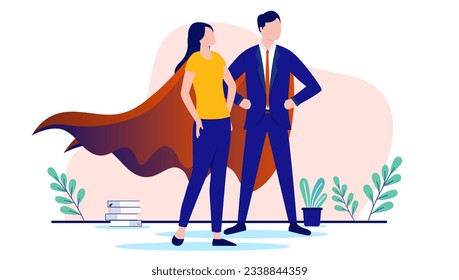 Business superheroes - Vector illustration of two businesspeople standing strong with superhero cape. Flat design with white background