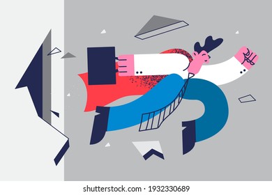 Business superpower, leadership, success concept. Super businessman cartoon character punching wall, male employee office worker flying through difficulties overcoming and reaching success 