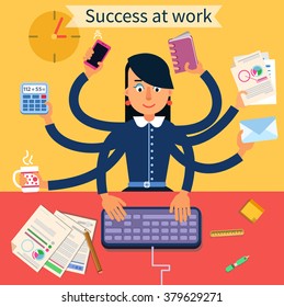 Business Superwoman Banner. Woman With Many Hands Doing A Lot Of Things At Work. Vector Illustration