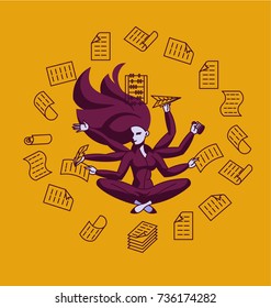 Business superwoman, a lot of hands, signs documents. Vector illustration.