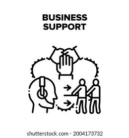 Soporte Para Empresas Y Asesoramiento Sobre El Concepto De Icono Vector. Asistencia Comercial En Línea Y Consulta De Asesores, Trabajo En Equipo Y Ayuda De Empresarios En Competencia. Cooperación Y Asociación Ilustración Negra