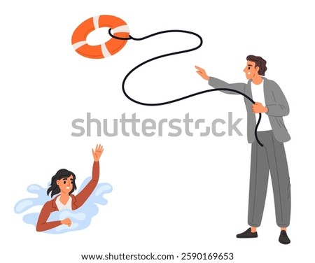 Business support and assistance. Man throwing lifebuoy to drowning woman in water. Urgent help or cooperation. Economy crisis. Businessman survival. People partnership