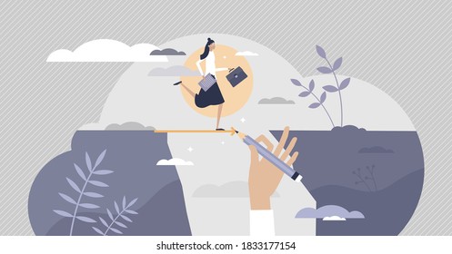 Business support and assistance to overcome problems tiny persons concept. Partnership hand help to get over crisis or potential bankruptcy with loan, grant or solution advice vector illustration.