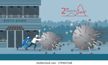 Business support and backup. Economic impact of COVID-19 pandemic. Chef and businessman fight together against virus by stop it to destroy his bistro cafe while the next bigger wave coming.