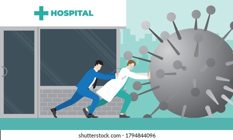 Business support and backup medical. Economic impact of COVID-19 pandemic. Doctor and businessman fight together against virus by stopping big coronavirus before it destroys their hospital.