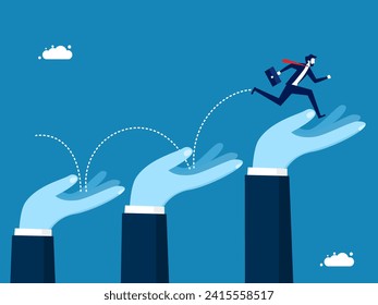 Business support. Businessman jumps up the stairs with big hands to advance 