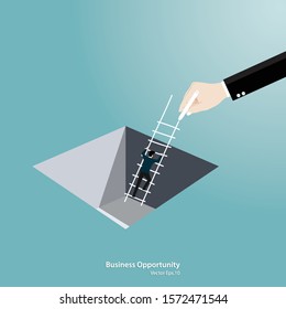 Business support concept. Businessman Climbing ladder from the hole. Symbol of challenge, Opportunity, Success, Growth, Vector illustration flat