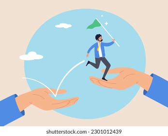 Business support concept. Mentorship to assist employee to success. Helping hand or encouragement for teammate to achieve business goal. Businessman jumping up hand growth ladder to progress target.