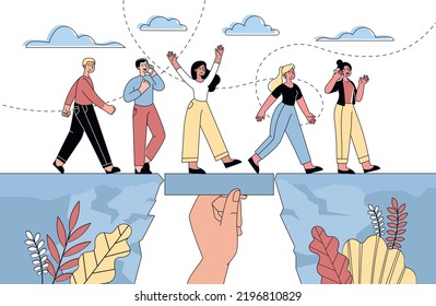 Business support concept. People cross cliff on bridge, which was made by large hand. Help and care. Boss creates comfortable working conditions for subordinates. Cartoon flat vector illustration