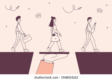 Business support and confidence concept. Human hand supporting walking business people between gap and giving chance of development and success vector illustration 