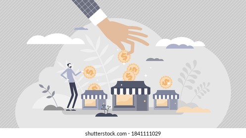 Business support with financial money help in crisis tiny person concept. Potential bankruptcy overcome with subsidy or grant from partners or government vector illustration. Businessman protection.