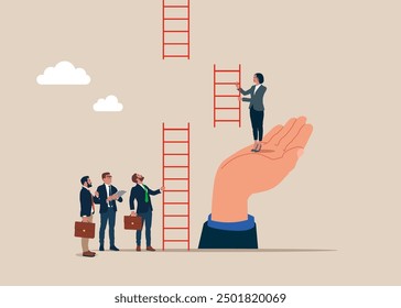 Business support. Hand with woman help climb ladder of success. Choose career pat. Flat vector illustration