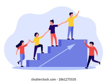 Business support and help. Group of people, climbing stairs together partnership concept. Business team working for success and growing. Symbol of teamwork, cooperation. Vector illustration