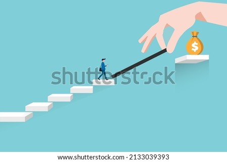 Business support, help, investment vector concept. Giant Hand helping small businessman, minimal design. Symbol of opportunity, challenge, leadership. Eps10 illustration.