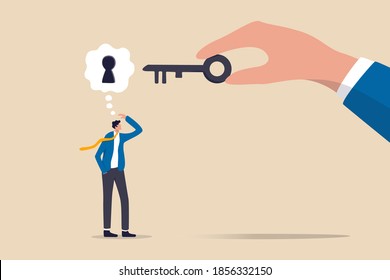 Business support or help to solve problem, clear and unblock work obstacle or key to unlock business idea concept, businessman thinking with idea as a keyhole with helping hand holding the success key